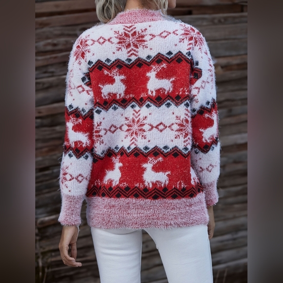 Fuzzy Fair Isle Snowflake Reindeer Red Knit Shirt Holiday Minimalist Sweater Top - Picture 7 of 7